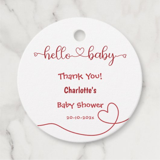 Hello Baby Red Heart Minimal Baby Dusche Geschenkanhänger (Vorderseite)
