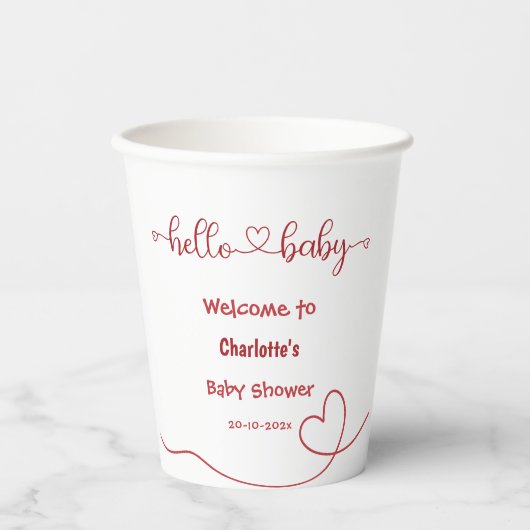 Hello Baby Red Heart Minimal Baby Dusche Pappbecher (Vorderseite)