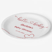 Hello Baby Red Heart Minimal Baby Dusche Pappteller (Schrägansicht)