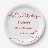 Hello Baby Red Heart Minimal Baby Dusche Pappteller (Vorderseite)