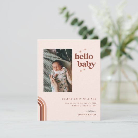 Hello Baby | Retro Boho Birth Ankündigung (Stehend Vorderseite)