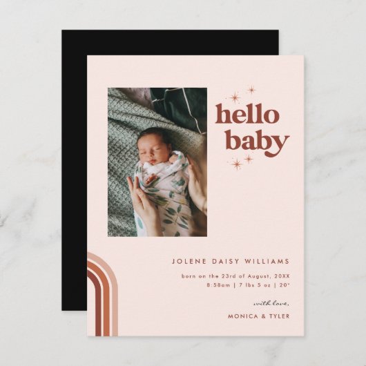 Hello Baby | Retro Boho Birth Ankündigung (Vorne/Hinten)