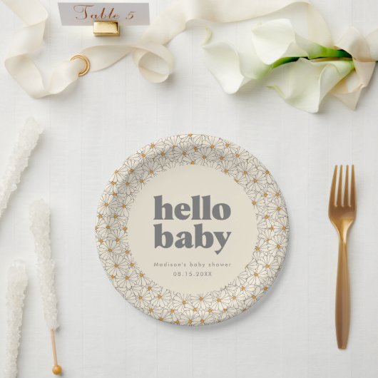 Hello Baby Retro Boho Daisy Custom Pappteller (Hochzeit)