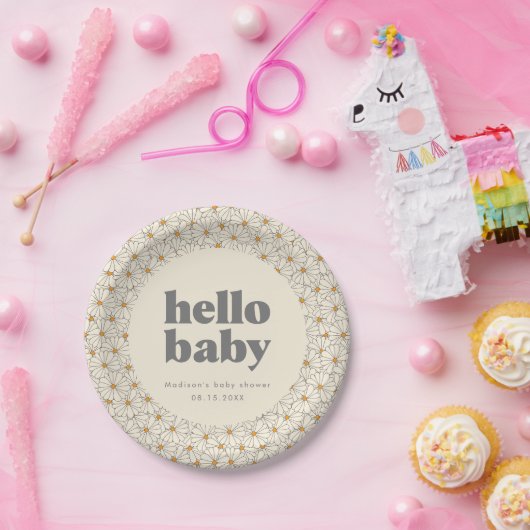 Hello Baby Retro Boho Daisy Custom Pappteller (Party)