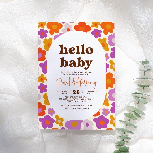 Hello Baby Retro Daisy Orange & Lila Baby Dusche Einladung
