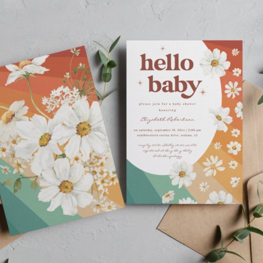 Hello Baby | Retro Daisy Rainbow Baby Show Einladung