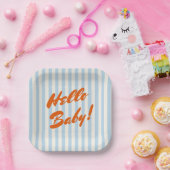 Hello Baby Retro Orange Blue Stripes Baby Dusche Pappteller (Party)