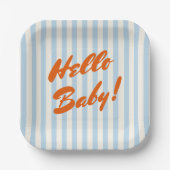 Hello Baby Retro Orange Blue Stripes Baby Dusche Pappteller (Vorderseite)