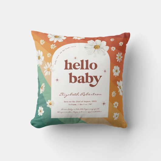 Hello Baby | Retro Rainbow Daisy Birth Stats Kissen (Vorderseite)