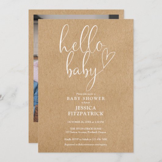 Hello Baby Rustic Kraft Foto Baby Dusche Einladung (Vorne/Hinten)