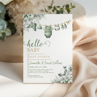 Hello Baby Sage Green Botanical Baby Shower Einladung