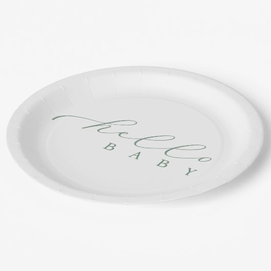 Hello Baby Sage Script Minimalistisch Baby Dusche Pappteller (Schrägansicht)