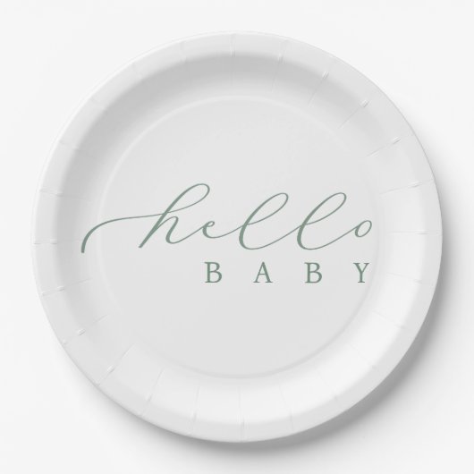 Hello Baby Sage Script Minimalistisch Baby Dusche Pappteller (Vorderseite)