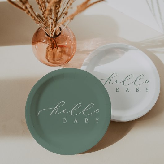 Hello Baby Sage Script Minimalistisch Baby Dusche Pappteller