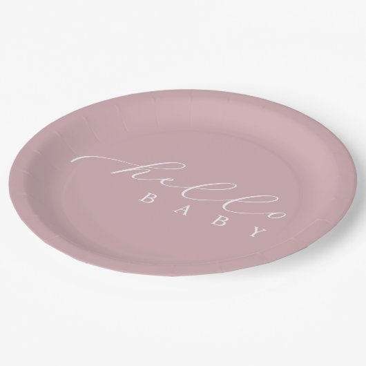 Hello Baby Script Minimalistisch Baby Dusche Pappteller (Schrägansicht)