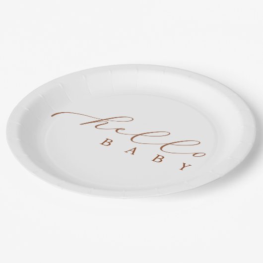 Hello Baby Script Minimalistisch Baby Dusche Pappteller (Schrägansicht)