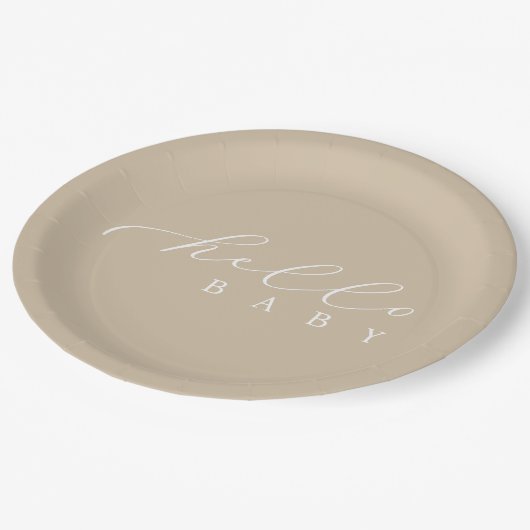 Hello Baby Script Minimalistisch Baby Dusche Pappteller (Schrägansicht)