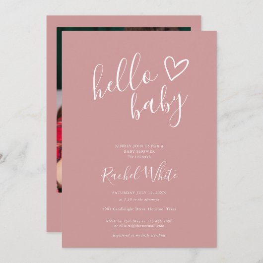 Hello Baby Shower Dusty Rose Pink Baby Girl Foto Einladung (Vorne/Hinten)