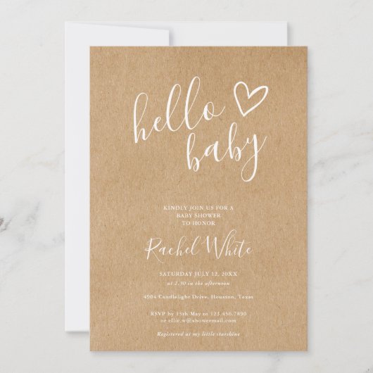 Hello Baby Shower Gender Neutral Rustic Kraft Einladung (Vorderseite)