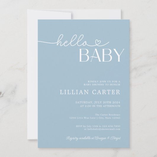 Hello Baby Shower Heart Blue Minimalistisch Einladung (Vorderseite)