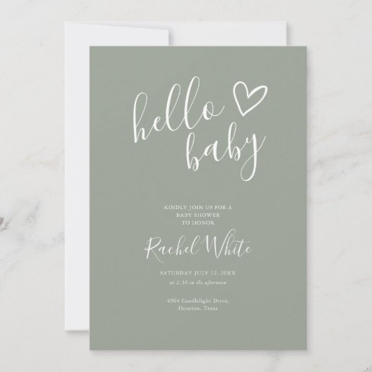Hello Baby Shower Neutral Sage Green QR Code Einladung (Vorderseite)