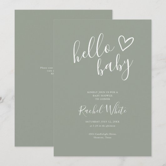 Hello Baby Shower Neutral Sage Green QR Code Einladung (Vorne/Hinten)
