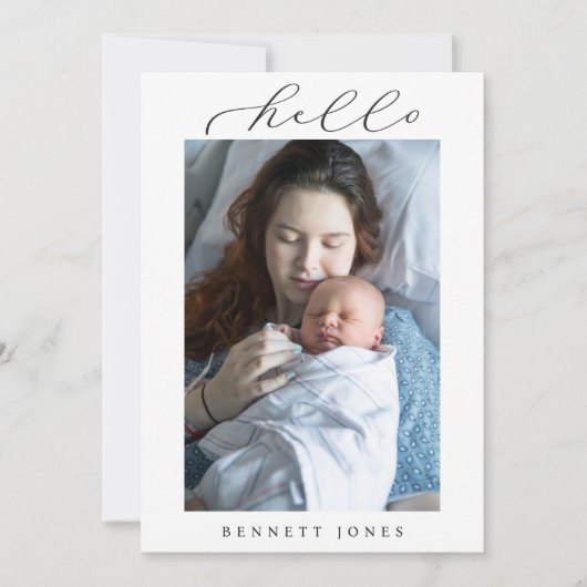 Hello Baby Simple Script Foto Birth Ankündigung (Vorderseite)