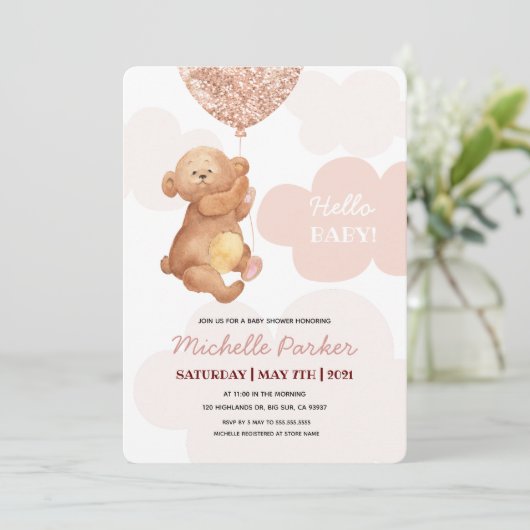 Hello Baby Teddy Bear Pink Clouds Baby Dusche Einladung (Stehend Vorderseite)