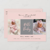 Hello Baby Two Foto Girl Baby Pink Birth Ankündigungspostkarte (Vorne/Hinten)