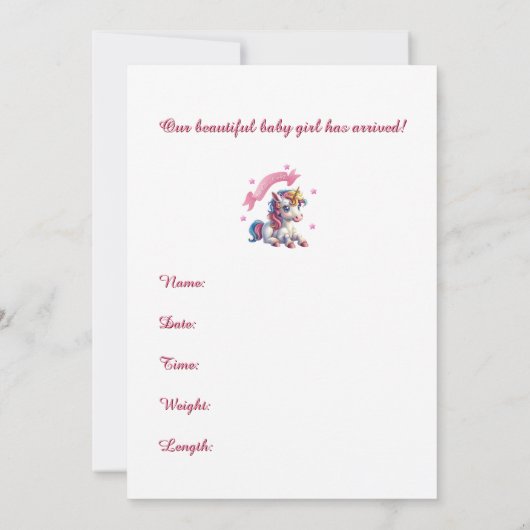 "Hello Baby Unicorn" Design Birth Ankündigung (Rückseite)
