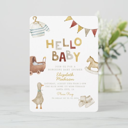 Hello Baby Watercolor Kleidung & Toys Kinderdusche Einladung (Stehend Vorderseite)