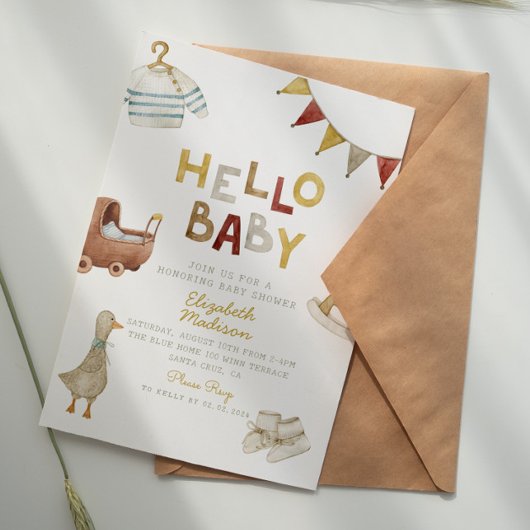 Hello Baby Watercolor Kleidung & Toys Kinderdusche Einladung