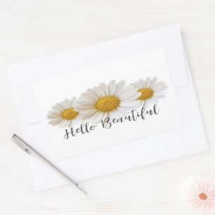 Hello Beautiful Three White Daisies Floral Rechteckiger Aufkleber