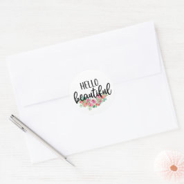 Hello Beautiful Watercolor Rose Typografie Chic Runder Aufkleber