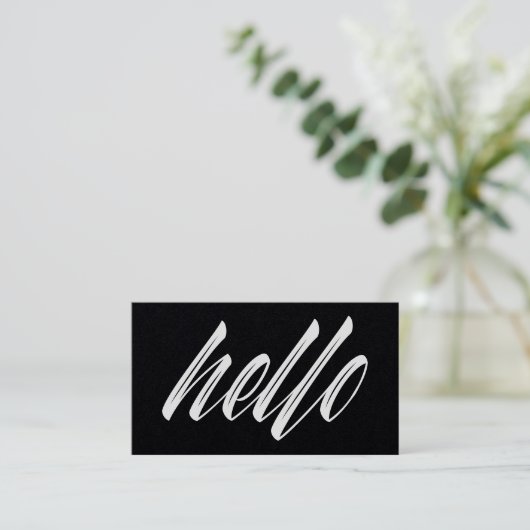 Hello Black and White Minimalistisch Modern Script Visitenkarte (Stehend Vorderseite)