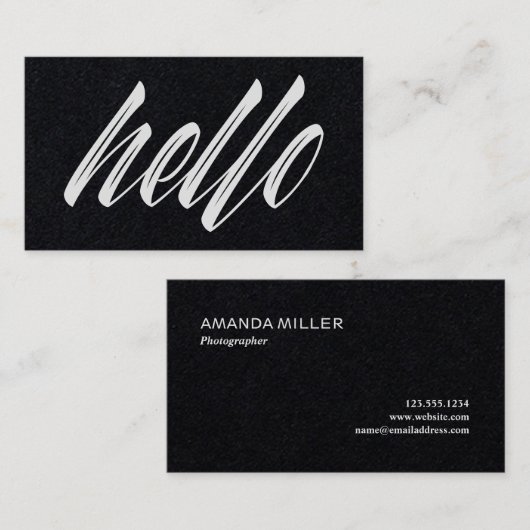 Hello Black and White Minimalistisch Modern Script Visitenkarte (Vorne/Hinten)