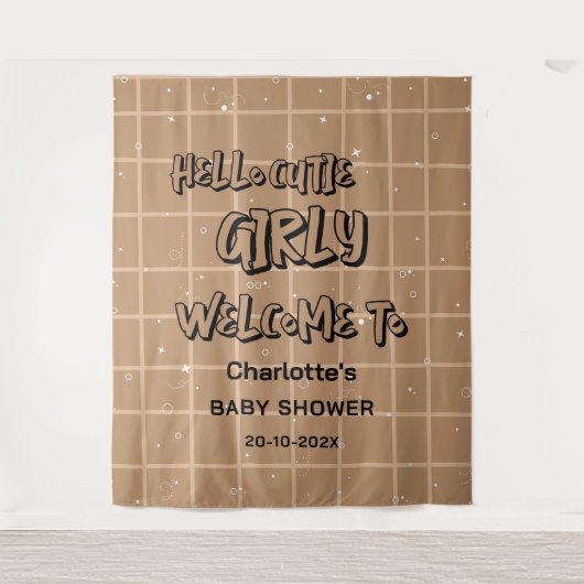 Hello Cutie Girly Cute Brown Gingham Baby Backdrop Wandteppich (Vorderseite)