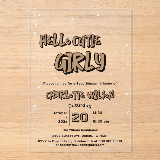 Hello Cutie Girly Cute Brown Gingham Baby Shower Acryleinladungen (Vorderseite)