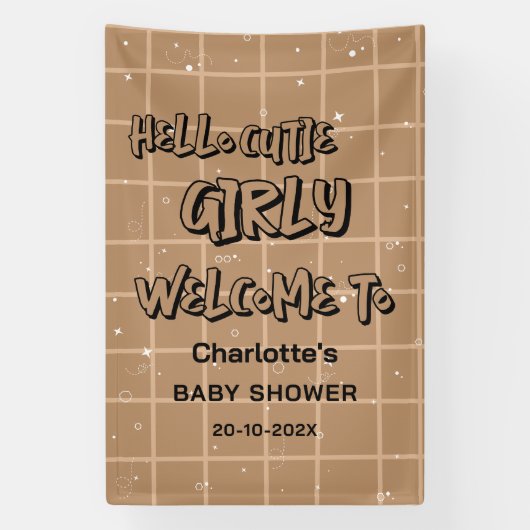 Hello Cutie Girly Cute Brown Gingham Baby Shower Banner (Vertikal)