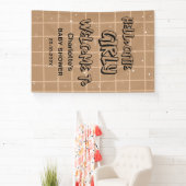Hello Cutie Girly Cute Brown Gingham Baby Shower Banner (InSitu)