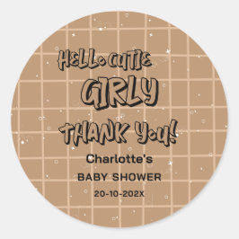 Hello Cutie Girly Cute Brown Gingham Baby Shower Runder Aufkleber
