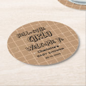 Hello Cutie Girly Cute Brown Gingham Baby Shower Runder Pappuntersetzer (Angewinkelt)