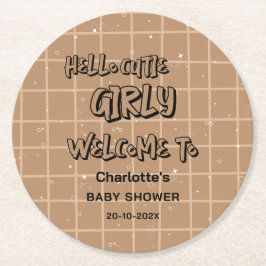 Hello Cutie Girly Cute Brown Gingham Baby Shower Runder Pappuntersetzer