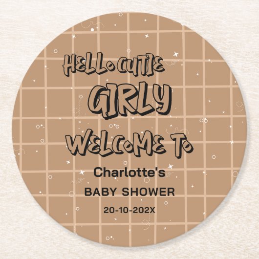 Hello Cutie Girly Cute Brown Gingham Baby Shower Runder Pappuntersetzer (Vorderseite)