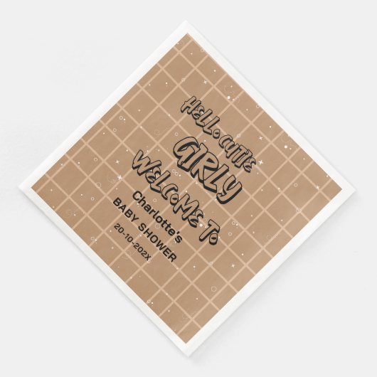 Hello Cutie Girly Cute Brown Gingham Baby Shower Serviette (Ecke)