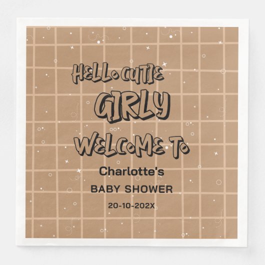 Hello Cutie Girly Cute Brown Gingham Baby Shower Serviette (Vorderseite)