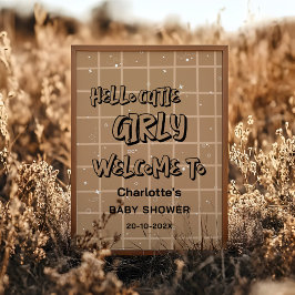 Hello Cutie Girly Cute Brown Gingham Baby Welcome Poster