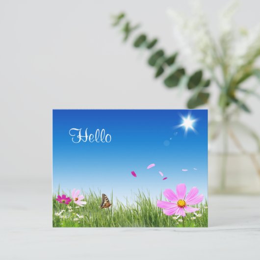 Hello Daisy Butterfly Flower Garden Post Card Postkarte (Stehend Vorderseite)