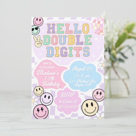 Hello Double Digits Birthday Einladung Template (Stehend Vorderseite)
