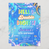 Hello Double Digits Neon Glow Boy 10th Birthday Einladung (Vorne/Hinten)